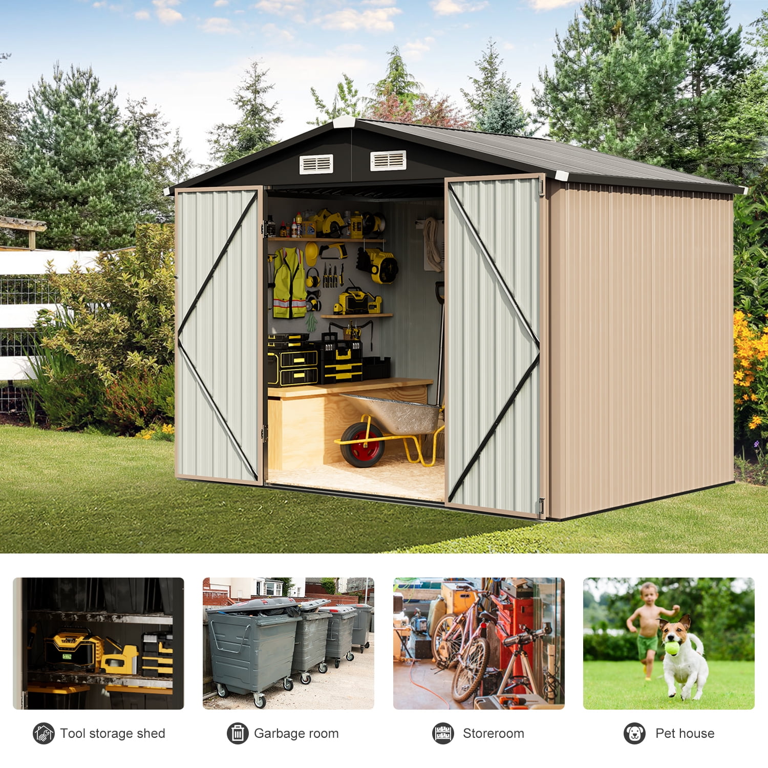 BaPiPro 6 x 4 ft Outdoor Storage Shed, Utility Steel Tool Room with Lockable Door, Galvanized Metal Shed with Air Vents for Garden, Backyard, Patio, Lawn