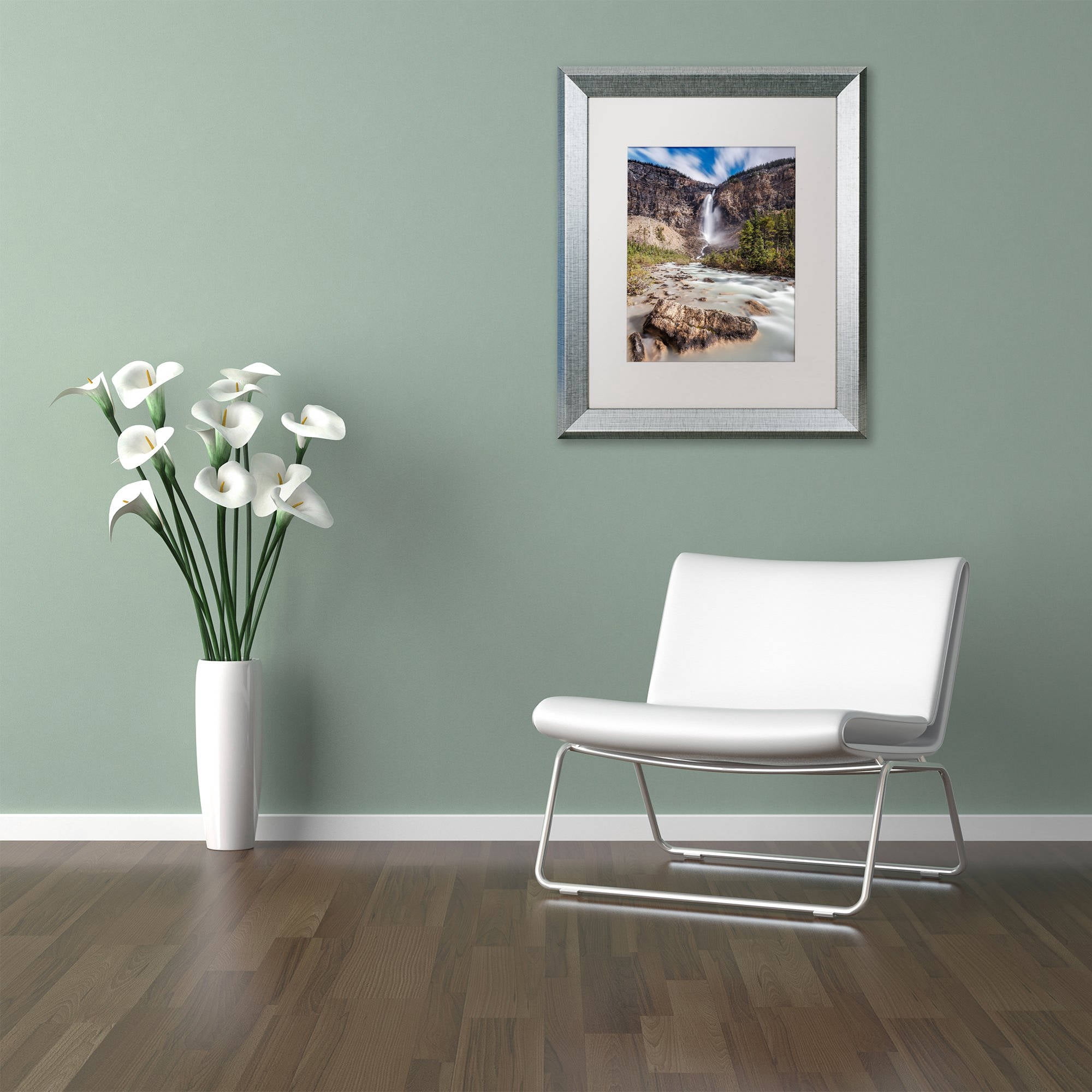Trademark Fine Art 'Takakkaw Falls' Canvas Art by Pierre Leclerc, White Matte, Silver Frame