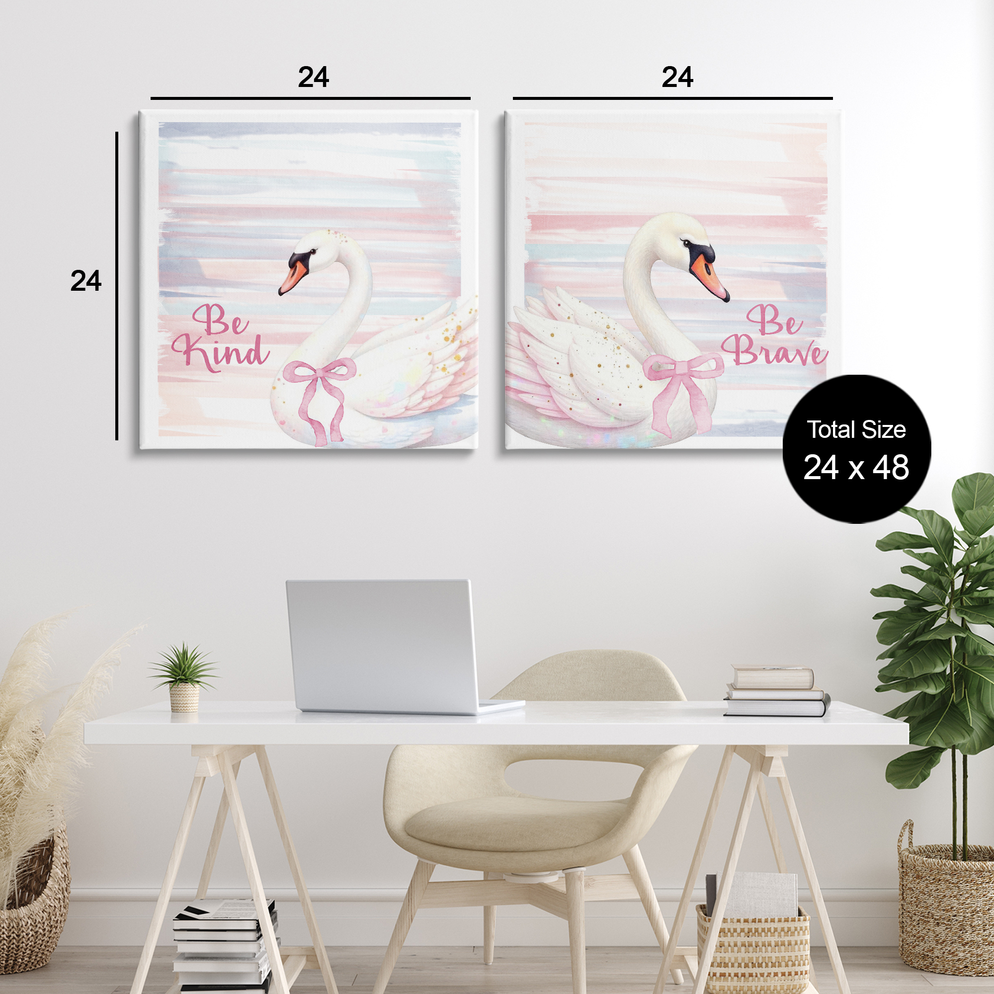 Be Brave & Kind Pastel Swan 2 Piece Canvas Wall Art Set, design by Kim Allen