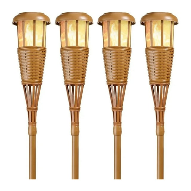 Solar-Powered Flickering LED Island Torches, Outdoor Landscape Lighting, Bamboo Finish, 4-Pack, Easy Installation ,High Bright