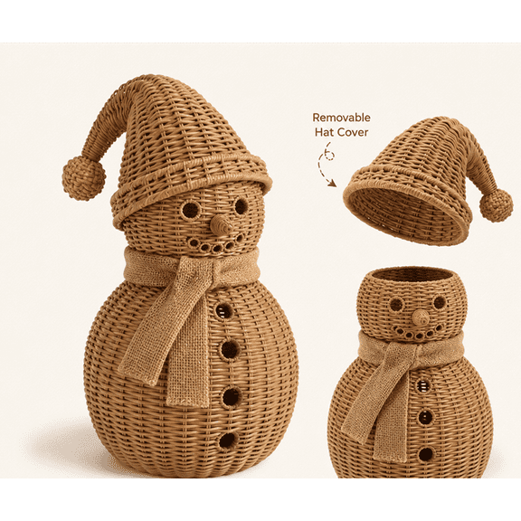 Offaod Woven Christmas Snowman Ornament, Wicker Snowman‑Shaped Natural Rattan Tabletop Decor with Hat & Scarf, Ideal Holiday Home Mantel Decoration
