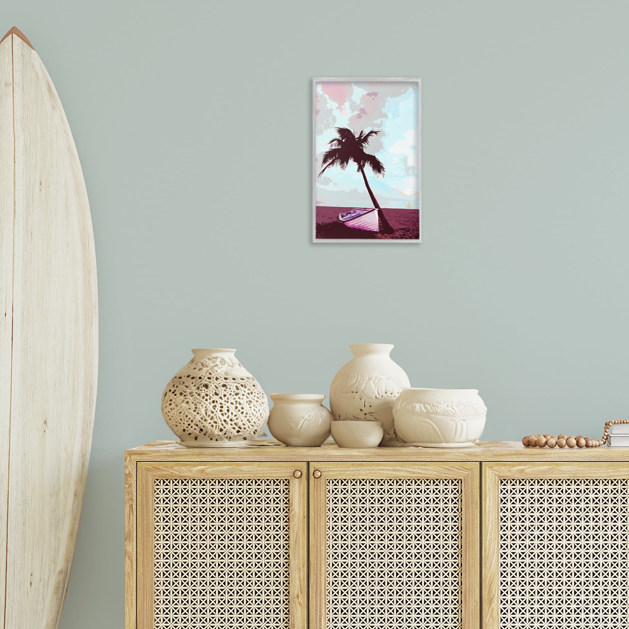 Stupell Industries Boat & Palm Tree Landscape Painting Gray Framed Art Print Wall Art, 12 x 18