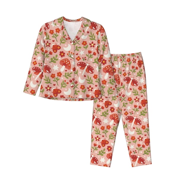 Balery Dragonfly Mushroom Conjunto de Pijama con Estampado para Mujer, Conjunto de Dos Piezas con Manga Larga, Ropa de Dormir Suave con Bolsillos, Pijamas Cómodos-Medium