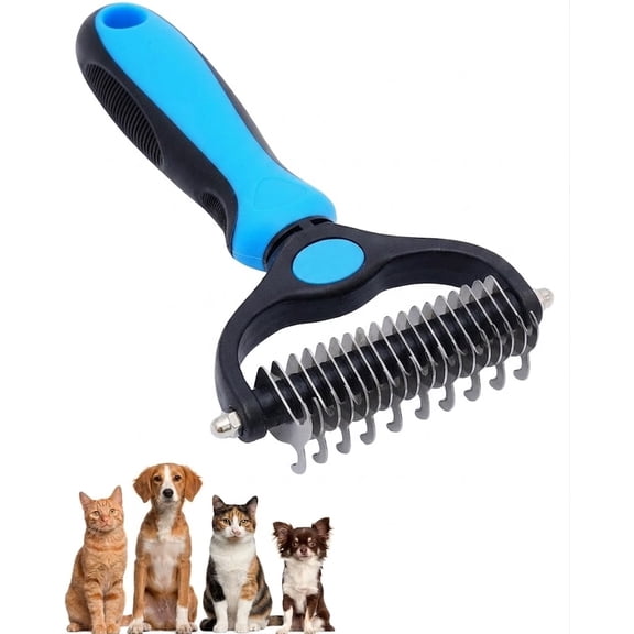 Pet Pro Grooming Tool, Double Teeth Grooming Comb Kit for Dogs, Cat Deshedding Brush, Dog Rake Brush for Shedding, Cats Comb Undercoat Long Hair Knotter Remover (Blue Large)