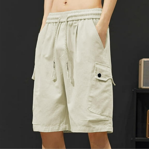 BXINGOHAI Men's Cargo Shorts Casual Elastic Waist Work Shorts Drawstring Big Tall Classic Stretch Shorts Khaki,4XL