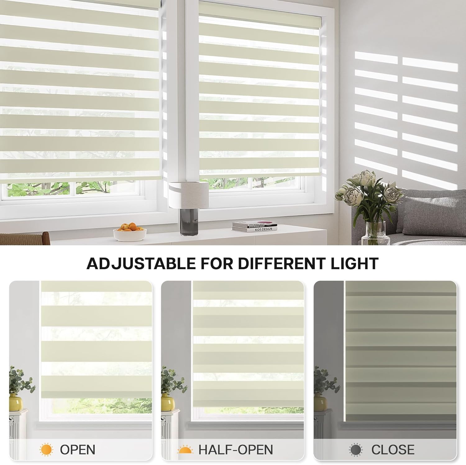 LazBlinds Cordless Zebra Blinds for Windows - Dual Layer Light Filtering & Blackout Roller Shades, Free-Stop Lift System, No Drill Easy Install, Day & Night Privacy with Valance, 26"W X 72"H, Cream