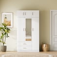 thumbnail image 3 of 3-Door Mirror Wardrobe Cabinet Closet with 2 Drawers and Top Cabinet &Storage Shelves and Hanging Rail, Bedroom Organizer, White, 3 of 7