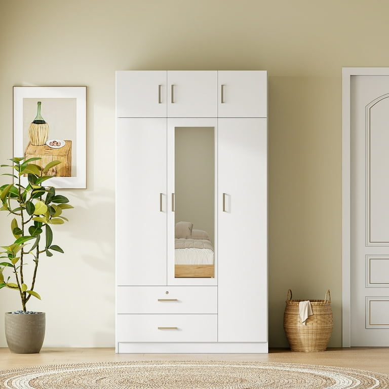 3 Door 2 Drawer Mirror Wardrobe Closet with Top Cabinet Hanging Rail and Storage Shelves Bedroom Armoire Clothes Storage White