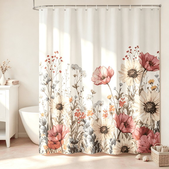SUNOLIFE Spring Floral Fabric Shower Curtain Pink Daisy Flowers Waterproof Polyster Bathroom Curtain,72"W x 72"L
