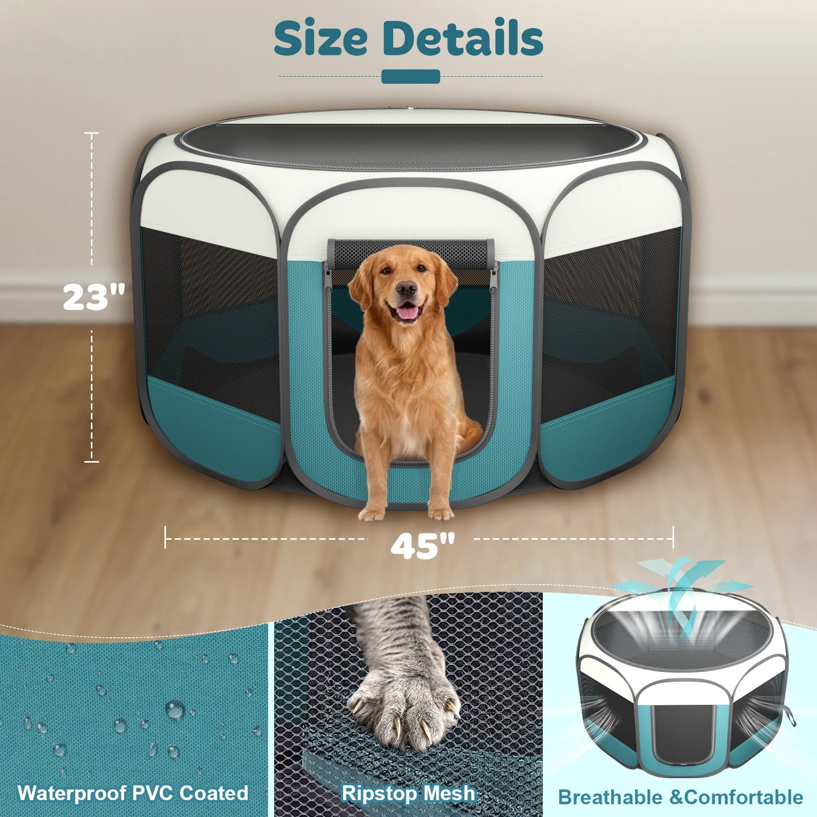 Hutact 45" Pet Pop-up Playpen for Large Dogs, Portable Pet Pen Tent Foldable Chicken Crate Playpen for Indoor Playing Outdoor Travel with Bowl, Large