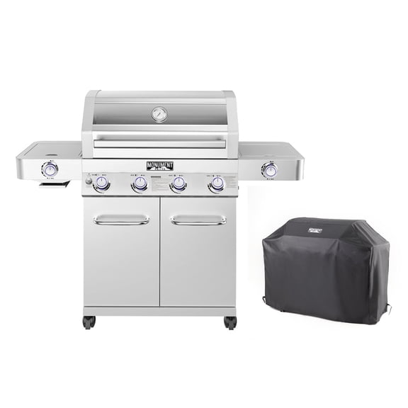 Monument Grills 4-Burner Propane Gas Grill in Stainless with Clear View Lid, LED Controls, Grill Cover, Side and Sear Burners