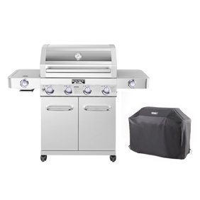 Monument Grills 4-Burner Propane Gas Grill in Stainless with Clear View Lid, LED Controls, Grill Cover, Side and Sear Burners