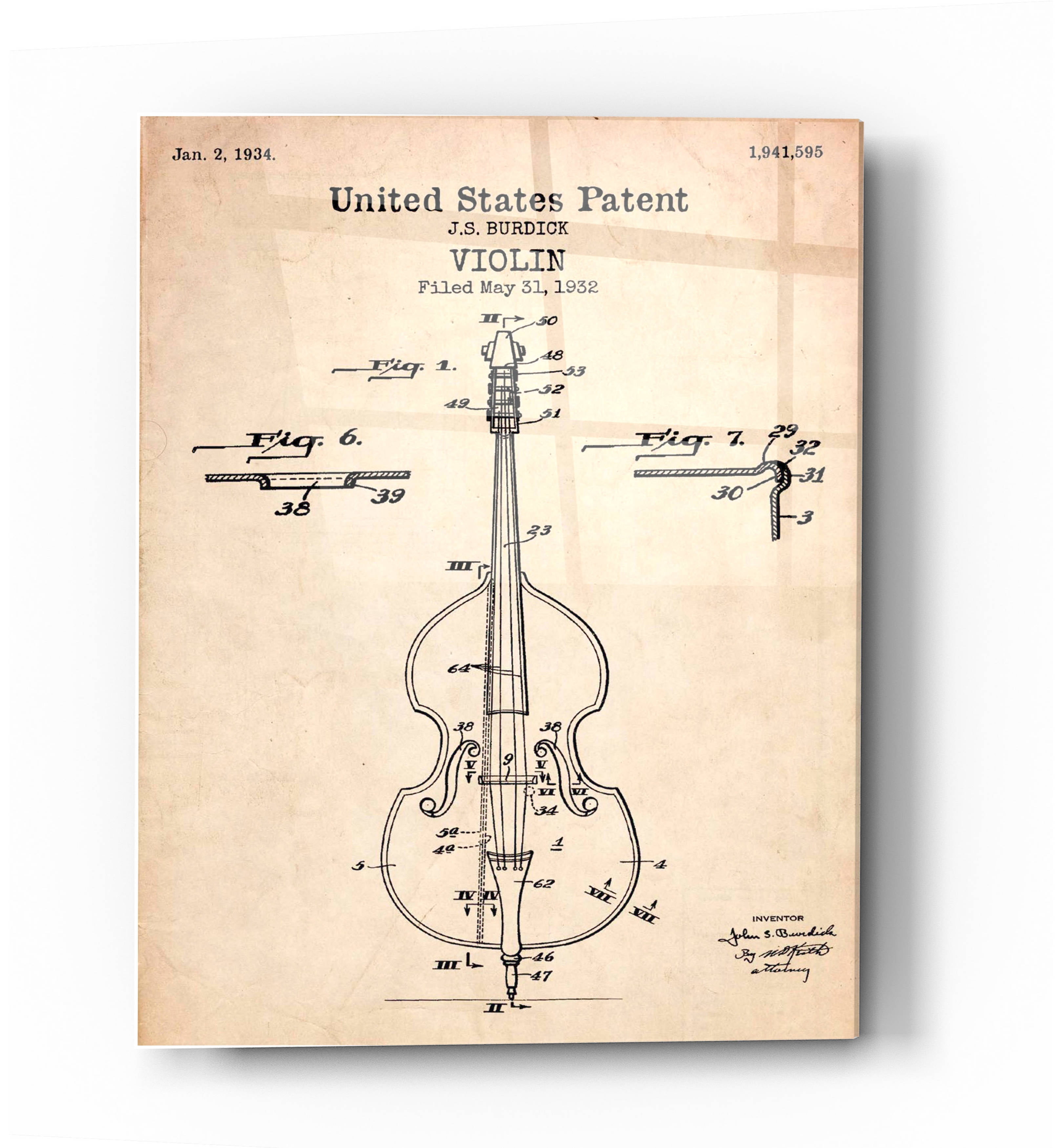 Epic 'Violin Blueprint Patent Parchment' Acrylic Glass Wall Art, 16"x24" -