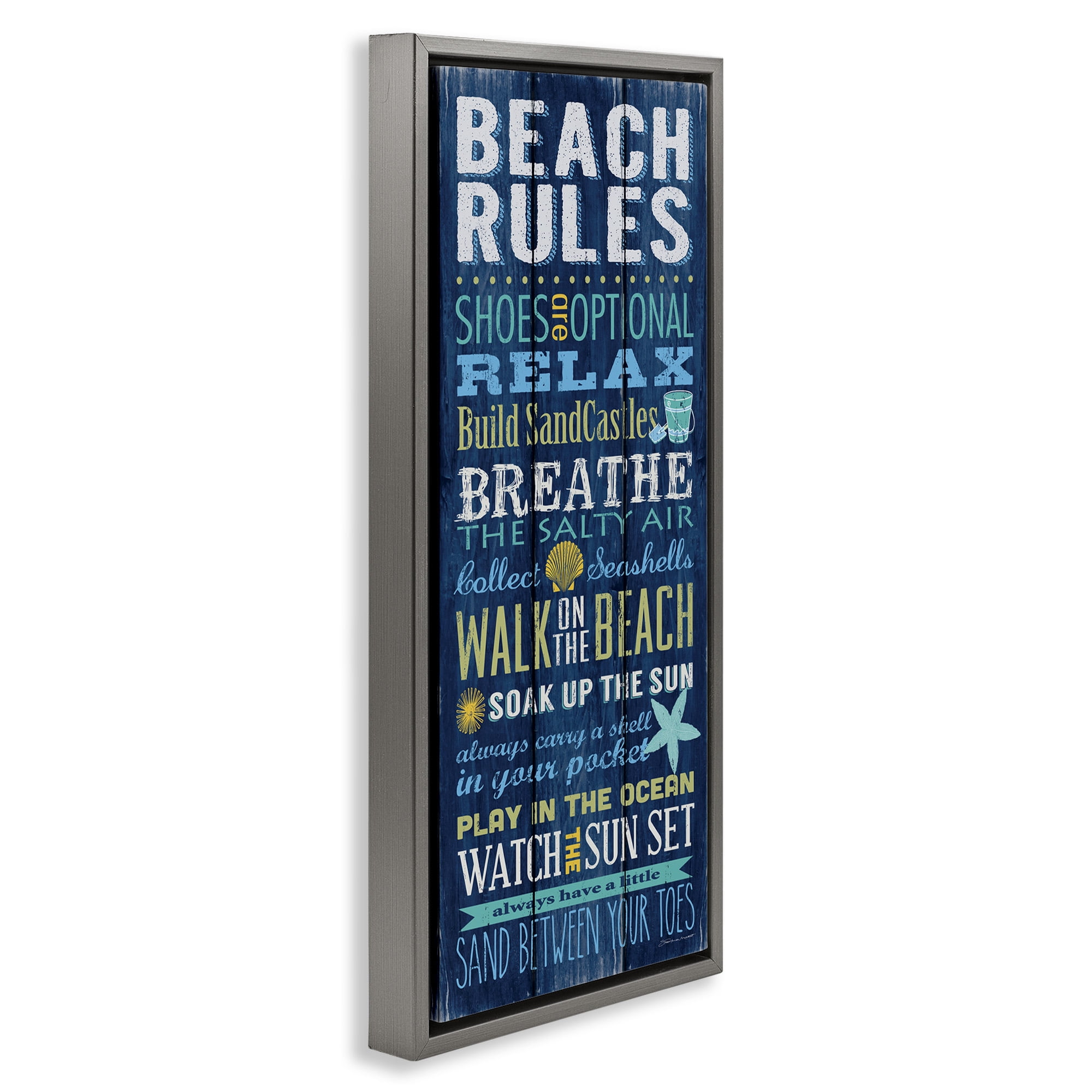 Stupell Industries Blue Planked Beach Rules Sign Nature Painting Gray Floater Framed Canvas Art Print Wall Art, 15 x 31