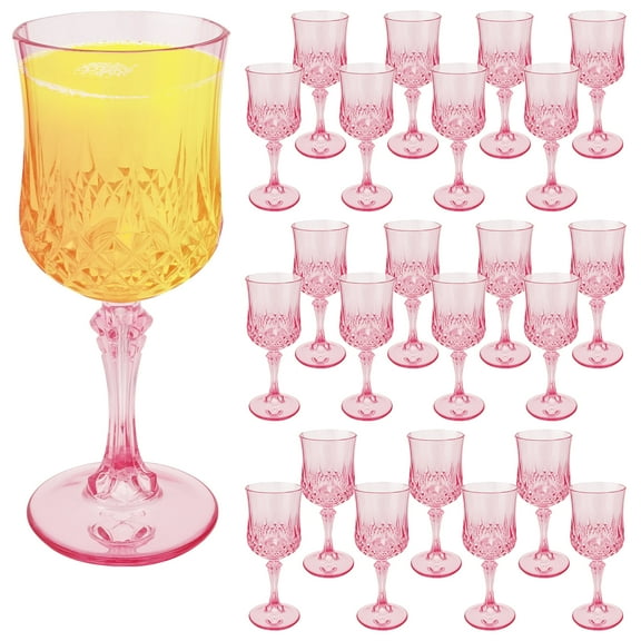 Grusce 24PCS Clear Plastic Wine Glasses, Reusable Plastic Wine Glasses, Pink Goblet Champagne Glass, Durable and Sturdy Cups Can Be Ssed for Various Parties Such as Weddings, Party
