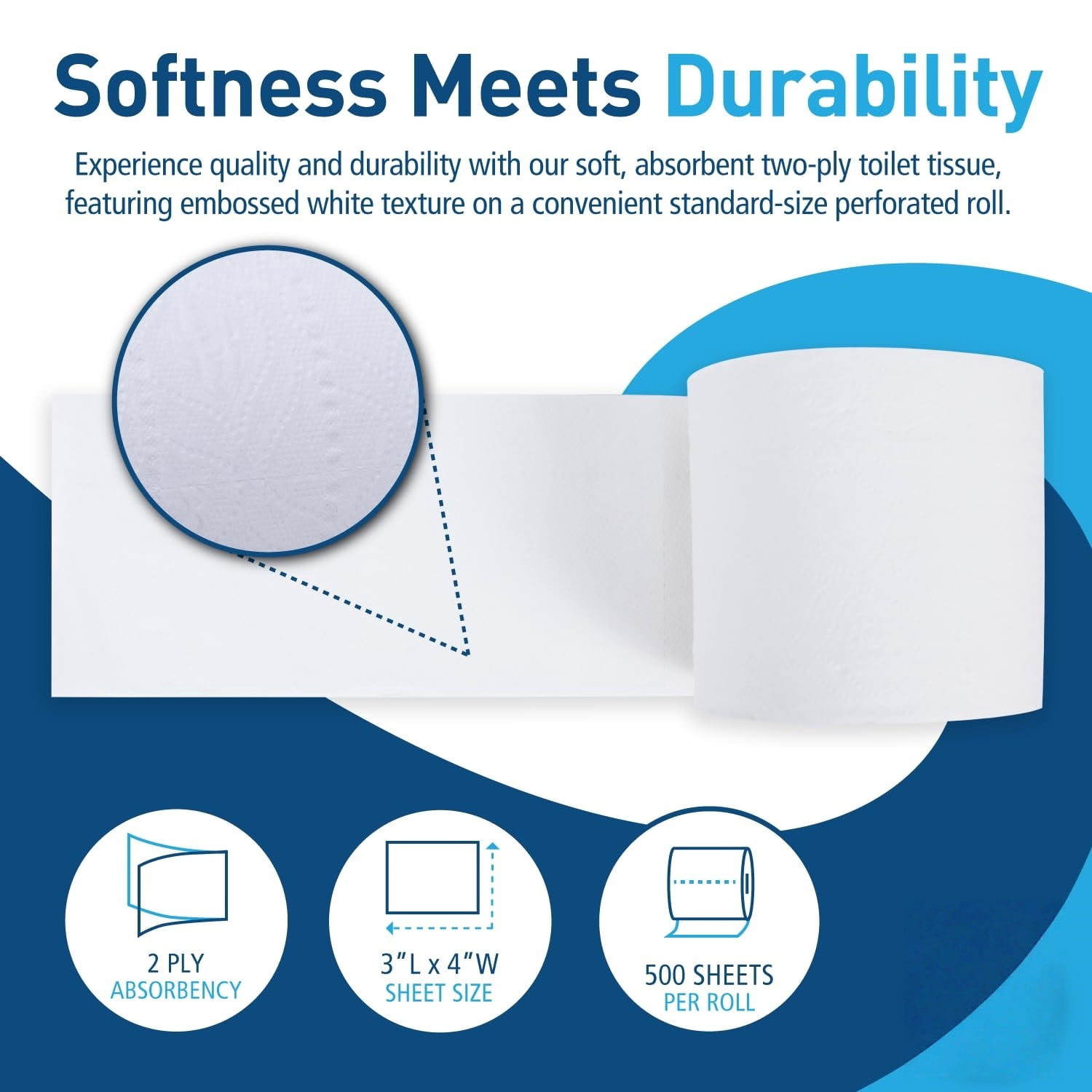 2-Ply Bathroom Toilet Paper Tissue, Septic , 500 Sheets/Roll, Bulk Quantity 96 Rolls/Carton, 4" x 3", White