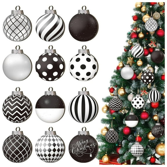 12 Pcs Christmas Black and White Ball Ornaments Xmas Wooden Stripe Dot Hanging Ball for Christmas Tree Party Decoration Supplies(2.48 Inch，2D Plane)