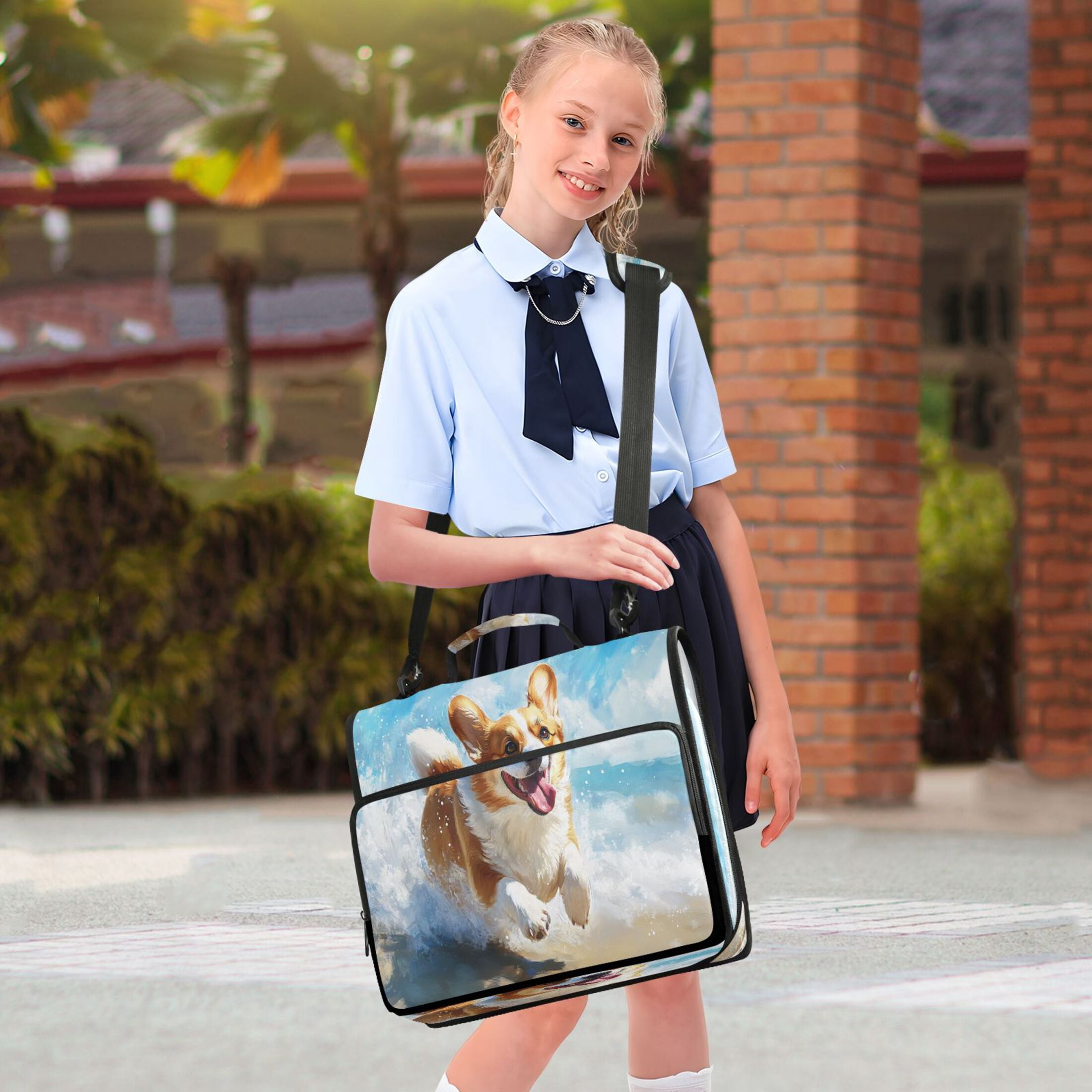 YAZAOO Zipper Binder trapper keeper Documents Organized Design Corgi Play on The Beach Printed