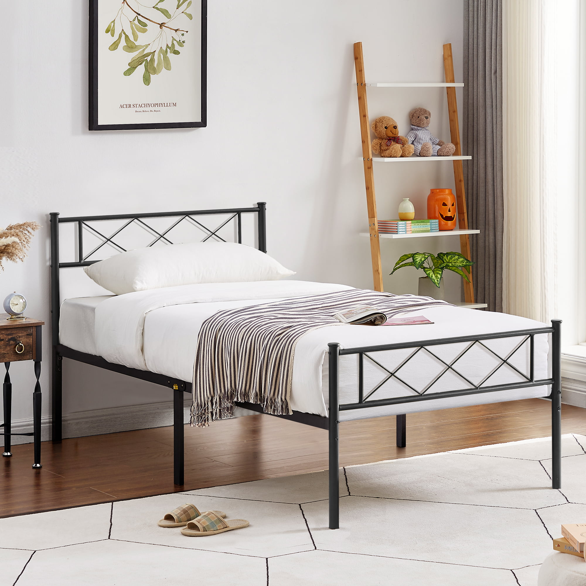 Twin Size Wood Slats Metal Bed Frame Platform Mattress Foundation Kids Bedroom 
