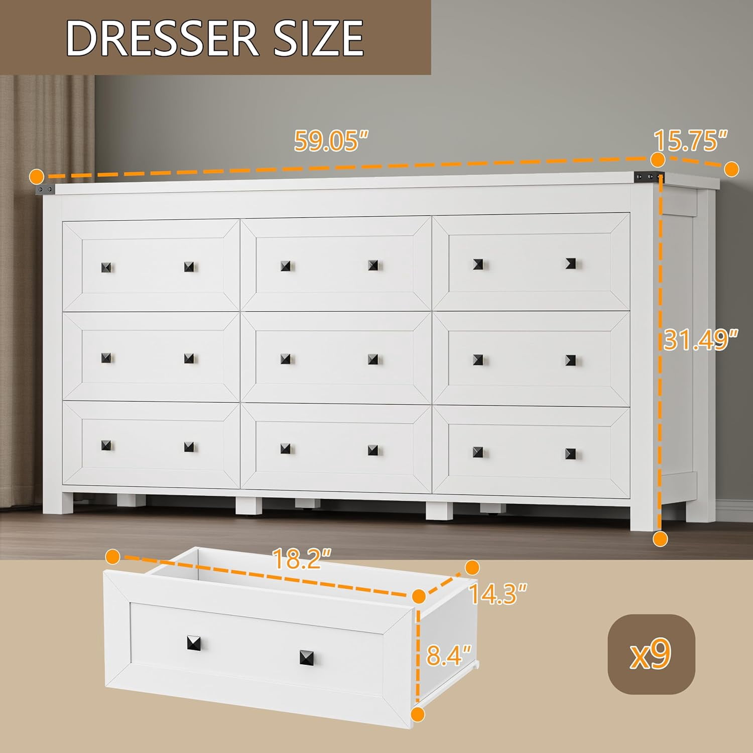 9-Drawer Dresser for Bedroom, Modern Wide Chest of Drawers, Wooden Storage Organizer for Closet, Living Room, Entryway, Home Office, Dresser with Ample Storage