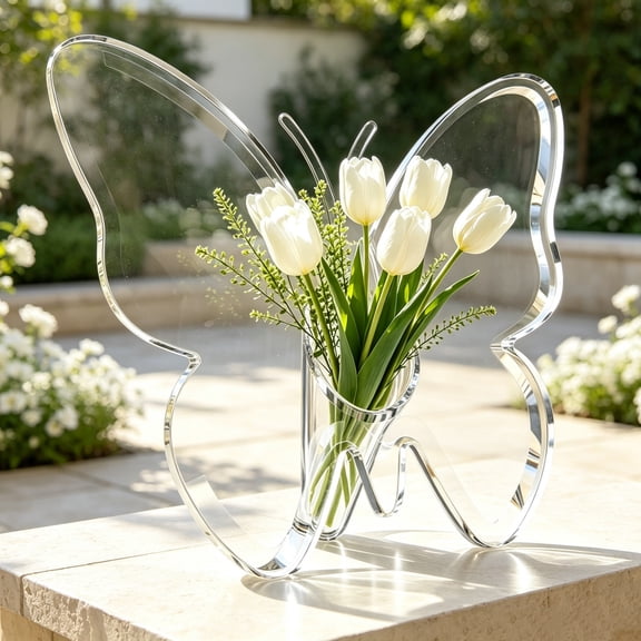 Byndra Acrylic Butterfly Wing Vase, Clear Desktop Flower Holder for Fresh or Dried Blooms, Decorative Table Vase for Shelf, Home, Entryway, Home Decor, Indoor Outdoor Decor