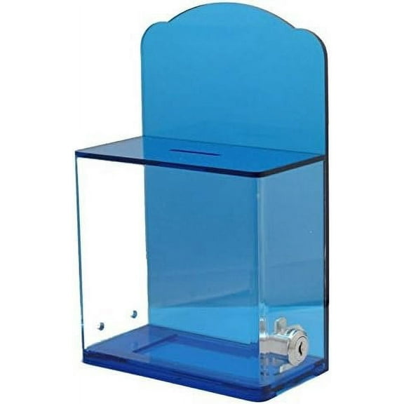 Acrylic Donation Suggestion collection Box For Fundraising Wall mounted Or Retail Countertop Tip Box with curved edges back wall display area 10 x 6 inches, Lock With set of keys Translucent Blue