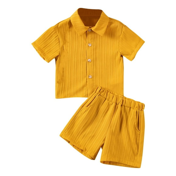 Vêtements d'Été pour Garçon Bébé Ensemble Chemise à Boutons Courte en Côte Couleur Unie avec Poches Shorts Tenues Tout-Petits Jaune 5-6 Ans
