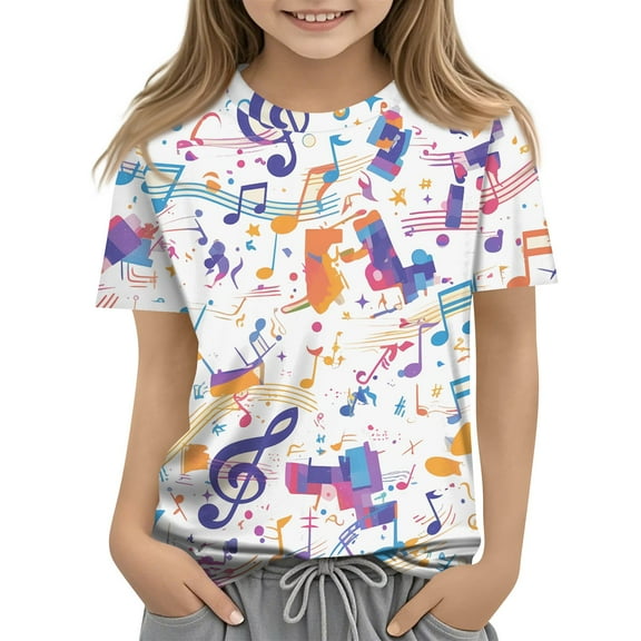 XADYUY Girls Summer Tshirts 4-16 Crewneck Music Notation Graphic Toddler Girls T-Shirts Short Sleeve Tshirt Summer Cute Cotton Cartoon Tee Tops Girls 2-3 Years,Purple