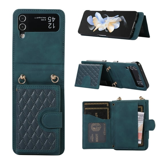 ELEHOLD Luxury Wallet Case for Samsung Galaxy Z Flip 3 with Card Holders Magnetic Closure Kickstand Function Shockproof Purse Case with Detachable Crossbody Shoulder Strap,Green