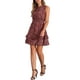 thumbnail image 4 of INSPIRE CHIC Vestidos de gasa para mujer, vestido mini sin mangas con fruncido y estampado floral, talla XS, burdeos, 4 of 6