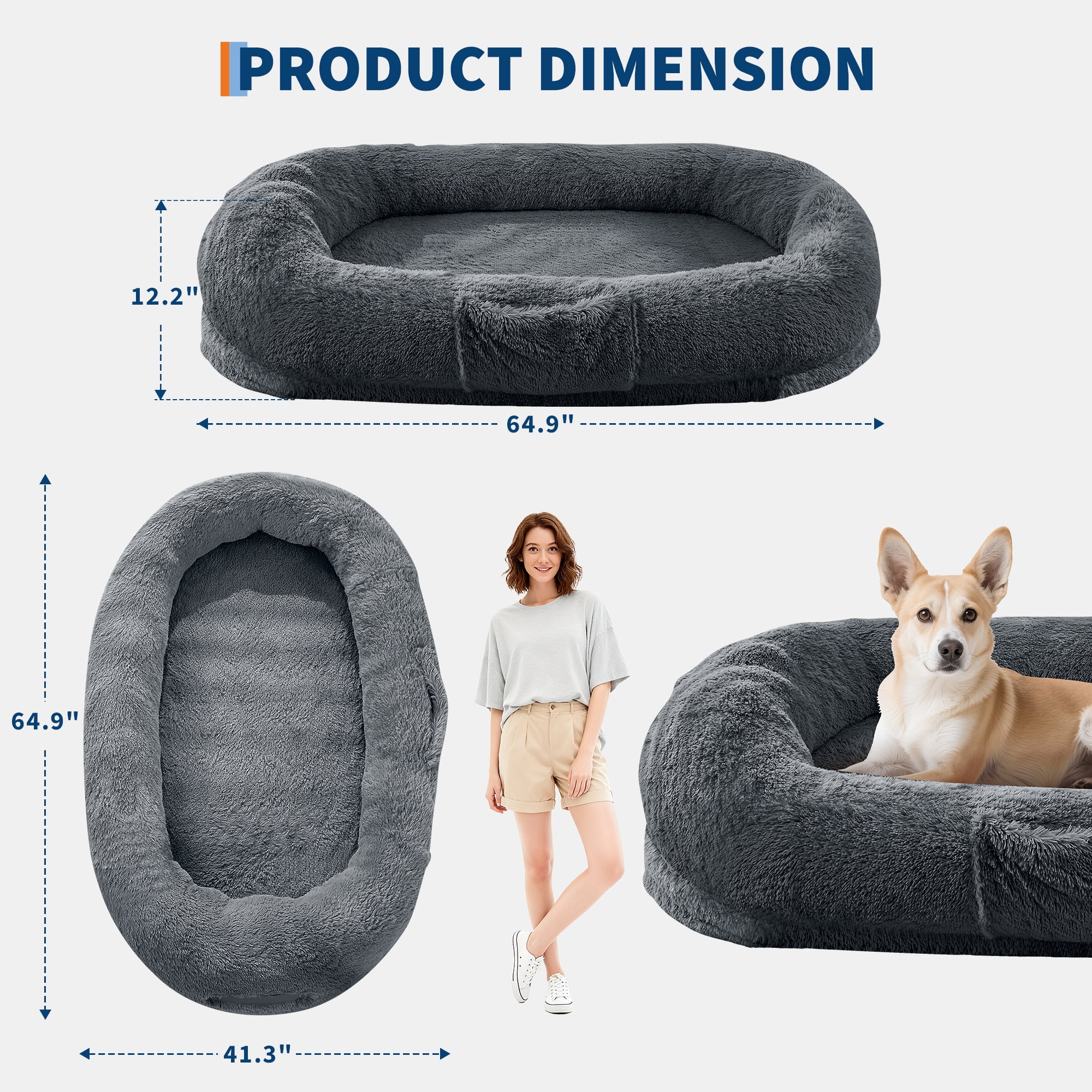 Danolapsi Human Dog Bed for Adult and Pets. Washable  Faux Fur. Napping Orthopedic Dog Bed with Side Pocket. Strap.No Assembly Required