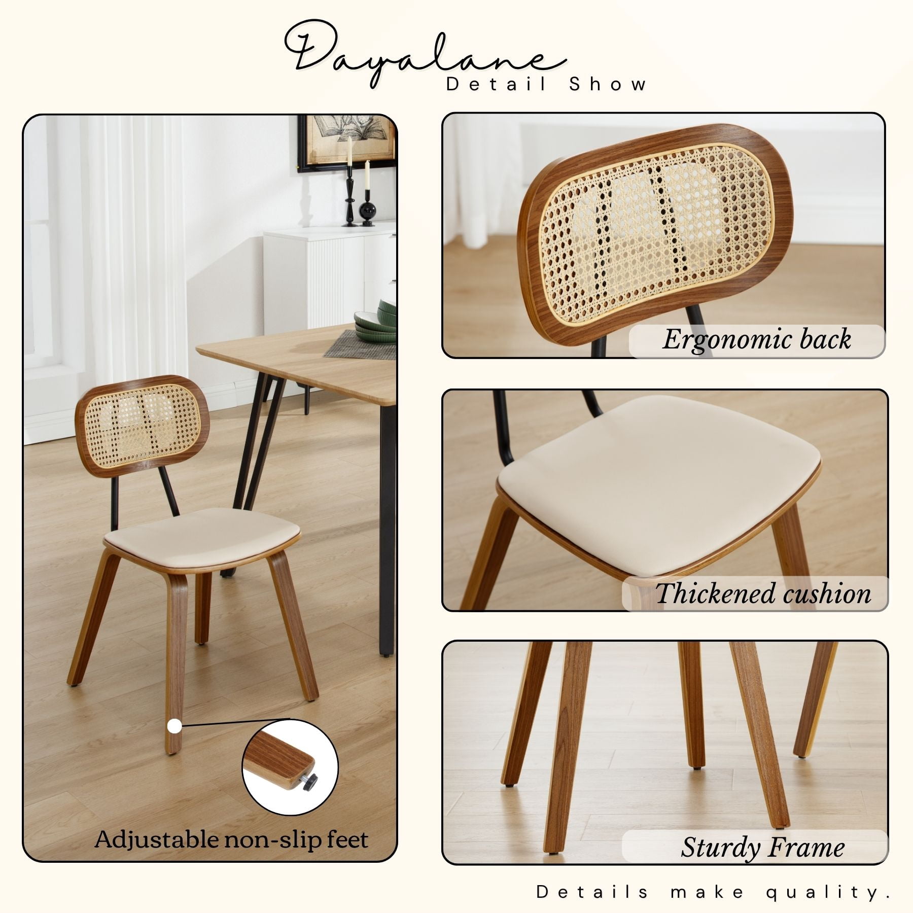 Modern Mid-Century Dining Chairs Set of 4,Upholstered Faux Leather Side Chairs with Rattan Backrests and Wood Legs for Dining Room, Kitchen or Living Room, Beige