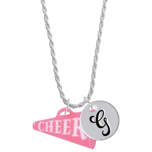 Delight Jewelry Acrylic 1.25" Pink Cheer Megaphone Silvertone Script Initial Disc - G - Charm Necklace, 20" 3"