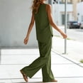 thumbnail image 4 of ibuvkizy Linen Outfit Set Women 2 Piece Sleeveless Round Neck Asymmetrical Hem Tank Tops and High Waist Wide Leg Pants with Pockets and Drawstring,Casual Loose Lounge Sets for Summer Beach Vacation, 4 of 7