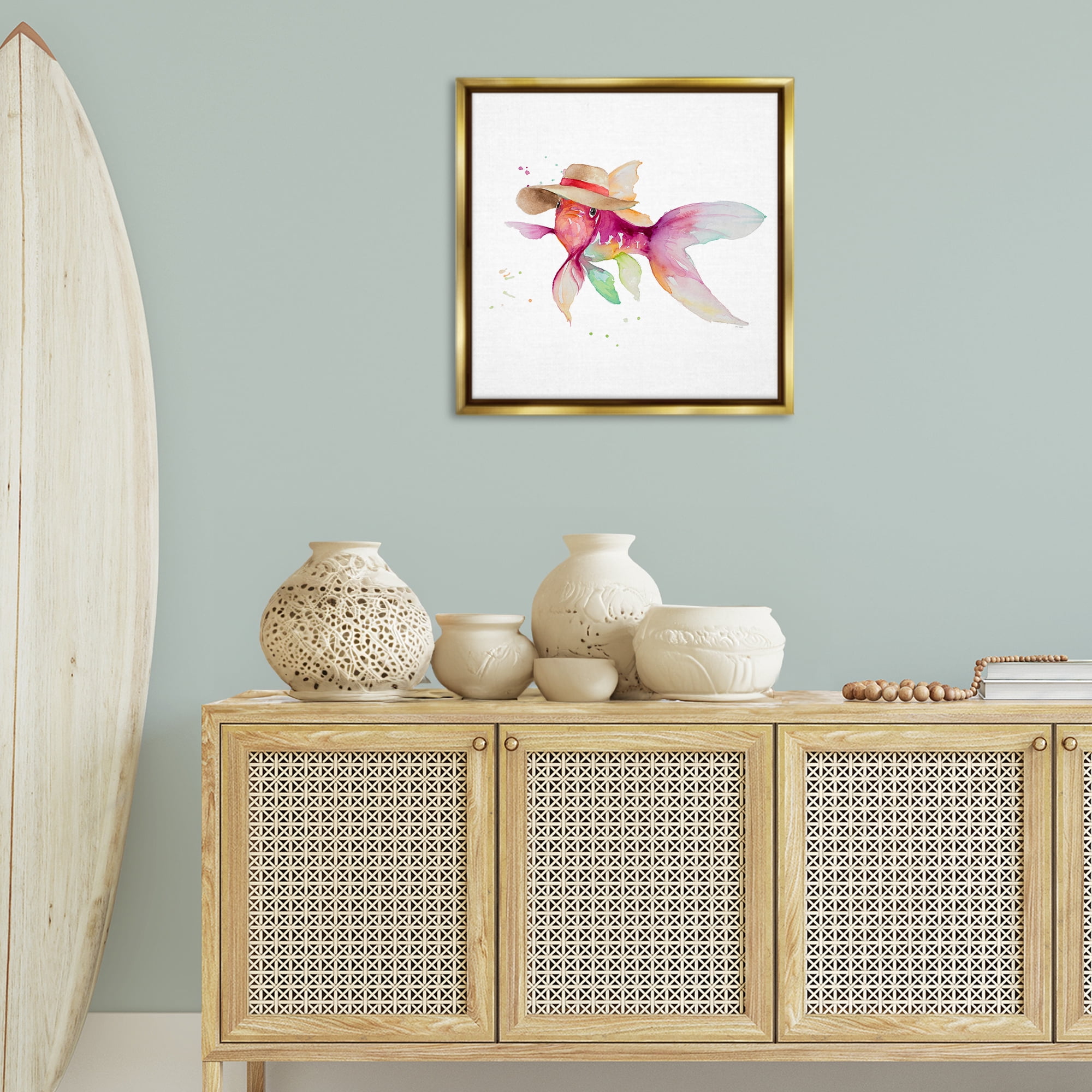 Stupell Industries Beach Fish Watercolor Novelty Painting Gold Floater Framed Canvas Art Print Wall Art, 25 x 25