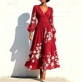 thumbnail image 2 of Women's Fall Floral Printed Maxi Dress V Neck Lantern Long Sleeve Boho Dresses for Wedding Guest Beach Vacation, 2 of 6