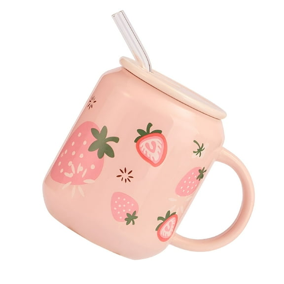 ACDANC Straw Mug Beverage Cup with Lids,Ceramic Coffee Cup,Child,Office,Household,Pink
