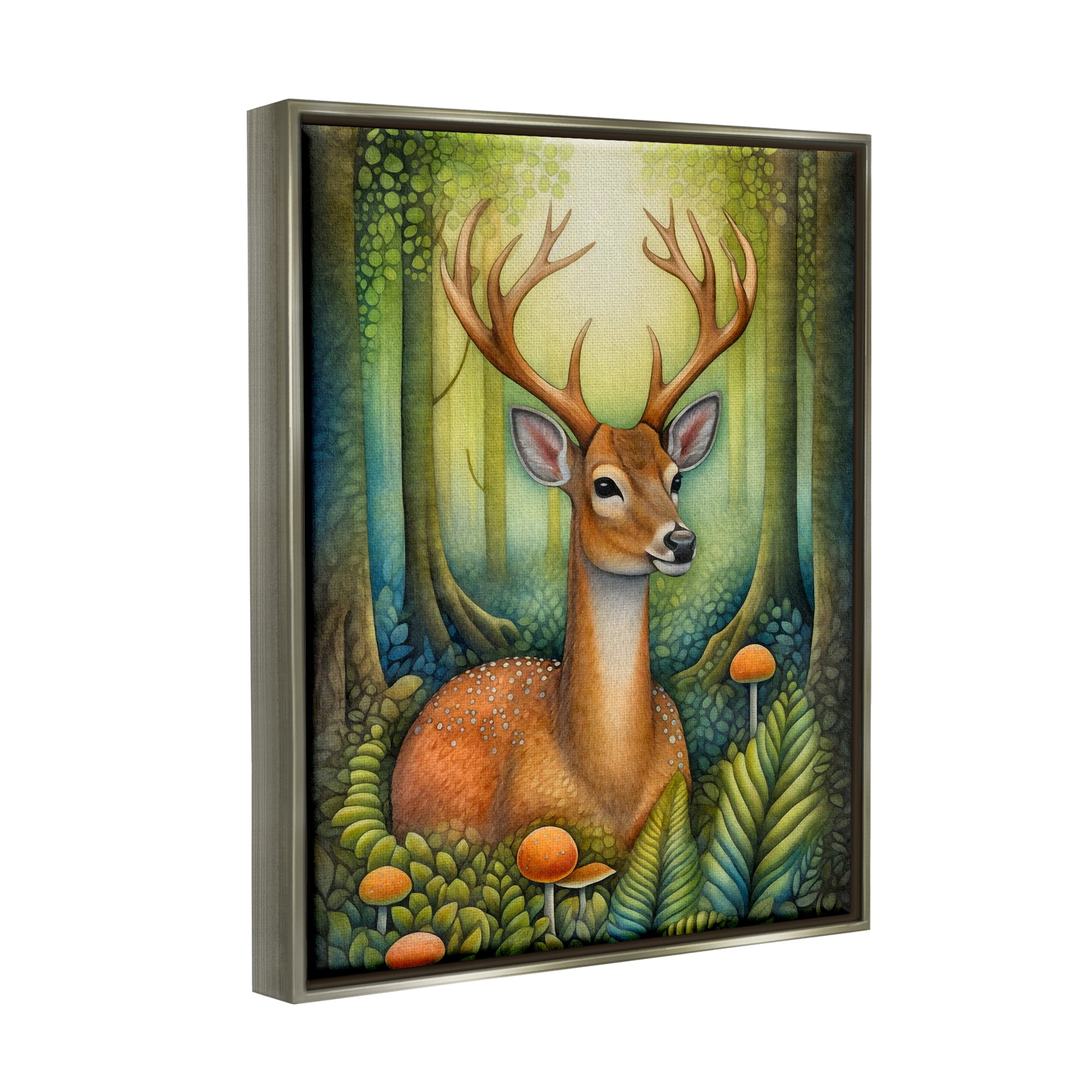 Stupell Industries Deer with Nature Mushrooms Animals & Insects Painting Gray Floater Framed Canvas Art Print Wall Art, 25 x 31