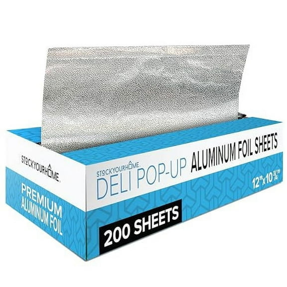 200 Count Pre-Cut Deli Aluminum Foil Sheets, 12” Pop Up Foil Sheets for Restaurant, Disposable Foil Sheets for Food, Tin Foil Sheets for Burrito, Hot Dog or Sandwich, Stock Your Home