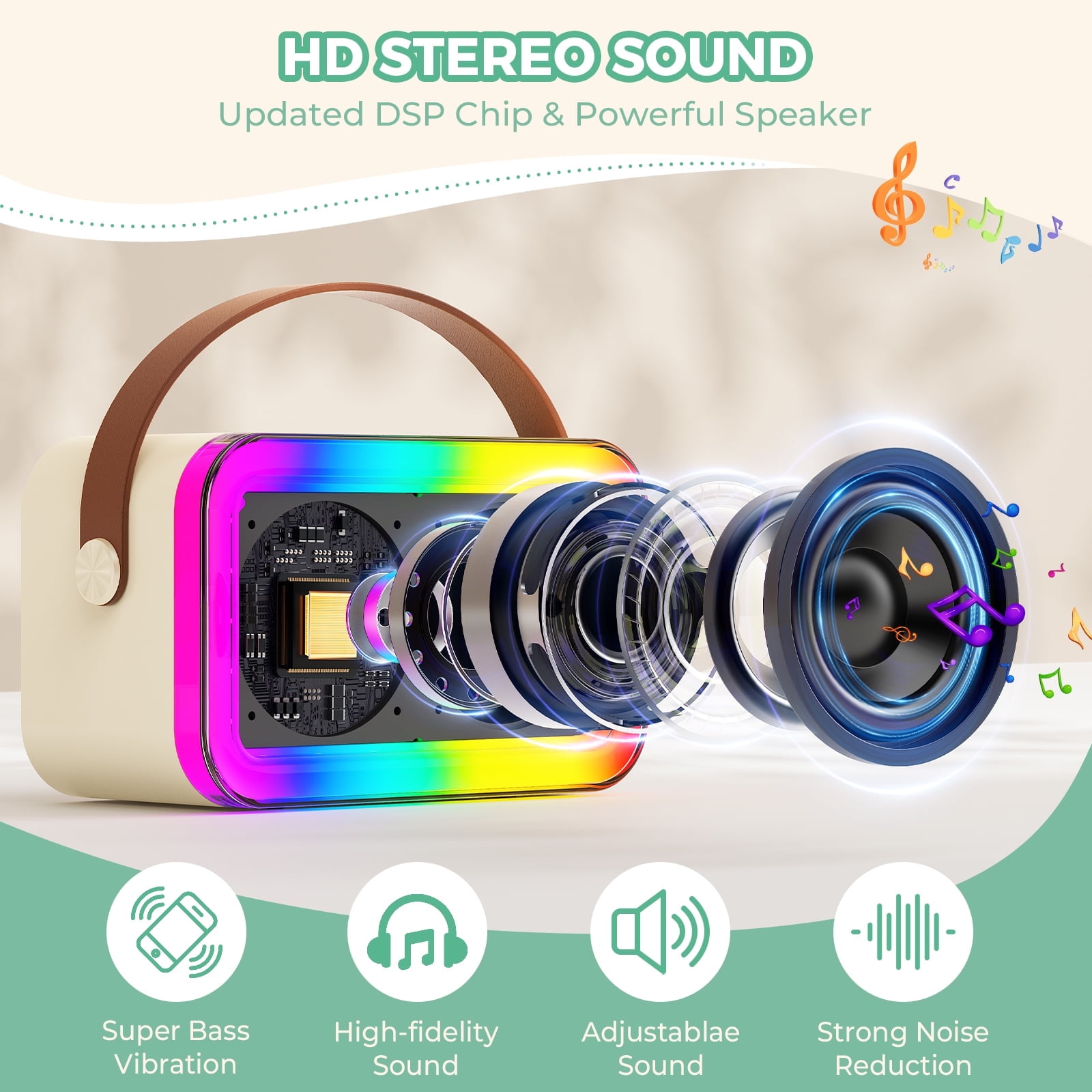 FanFun Karaoke Machine with 2 Microphones for Adults Kids, Portable Karaoke Speaker Bluetooth with Colorful LED Lights