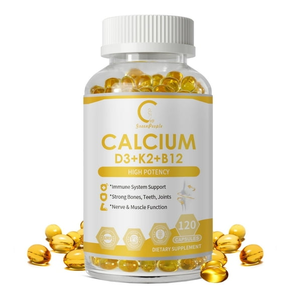 4-in-1 Calcium 600mg with Vitamin D3, Calcium Supplement for Women and Men,Vitamin K2 B12 5000 IU, for Bone and Heart Support-120 Capsule
