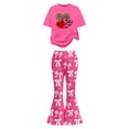 thumbnail image 4 of Tfken Girls Outfit Sets For Summer Crew Neck Short Sleeve Bowknot Print Tshirts With Flare-Leg Pants Set Fashion Daily Wear Kids Classic Outfit Pink Size 12-13 Years, 4 of 5