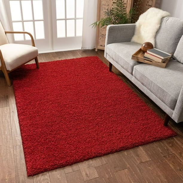 Solid Retro Modern Red Shag 5x7 ( 5' x 7'2'' ) Area Rug Plain Plush