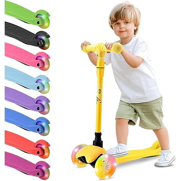 Hurtle Mini Kickboard Scooter for Kids - Height Adjustable 25''-28'', Lightweight 3-Wheel Toddler Scooter with LED Light-up Wheels, Anti-Slip,Indoor/Outdoor Fun, Micro Scooter for Ages 2-5 (Yellow)