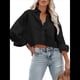 thumbnail image 2 of Camisas de Mujer con Botones, Tops Casuales de Larga, Blusa con Solapa y Bolsillo en el Pecho Negro M, 2 of 8