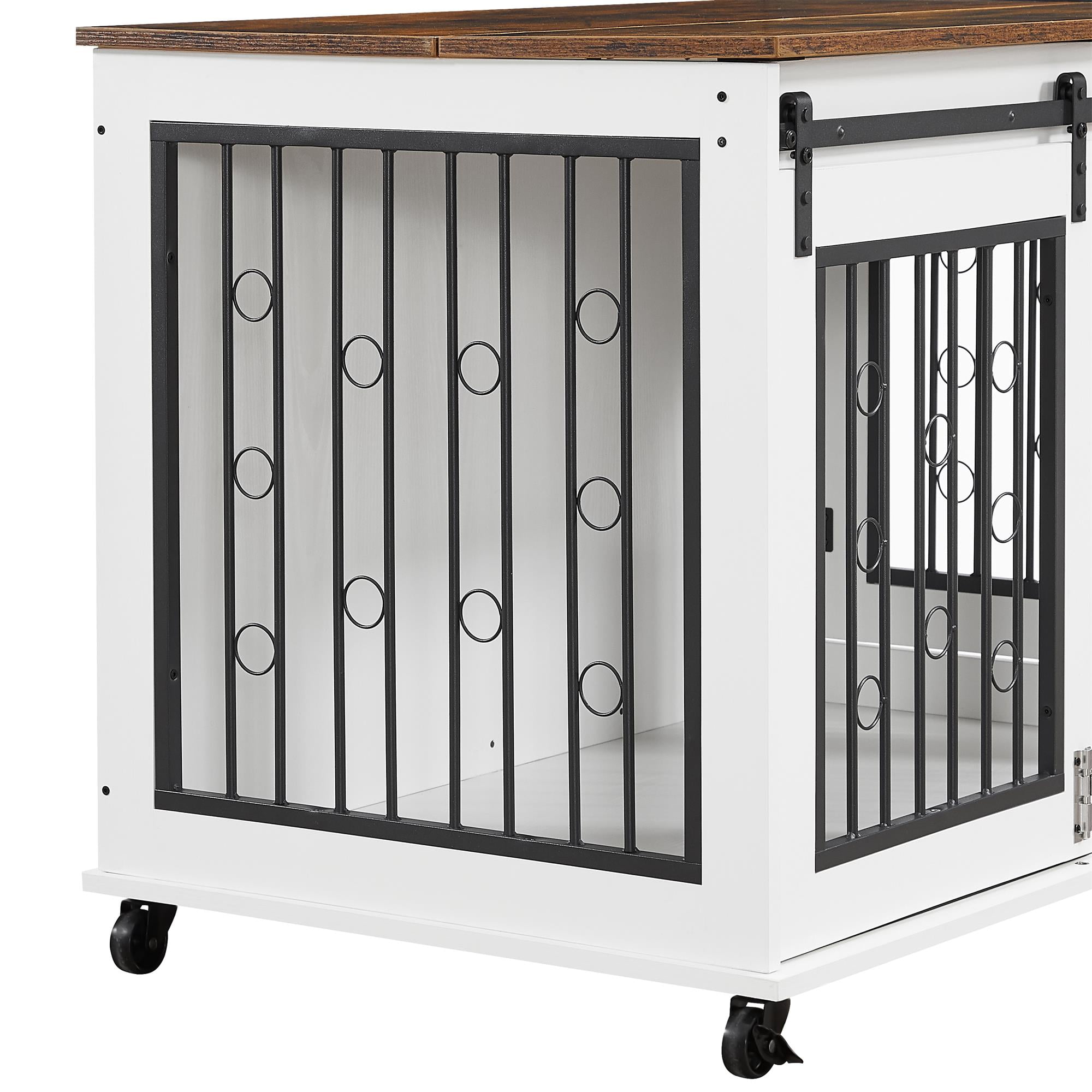 Pefilos 39" Sliding Door Dog Crate with Partition for Two Puppies, Furniture Style Dog Cage with Wheels, Indoor Kennel, White + Brown Pefilos 39" Sliding Door Dog Crate with Partition for Two Puppies, Furniture Style Dog Cage with Wheels, Indoor Kennel, White + Brown