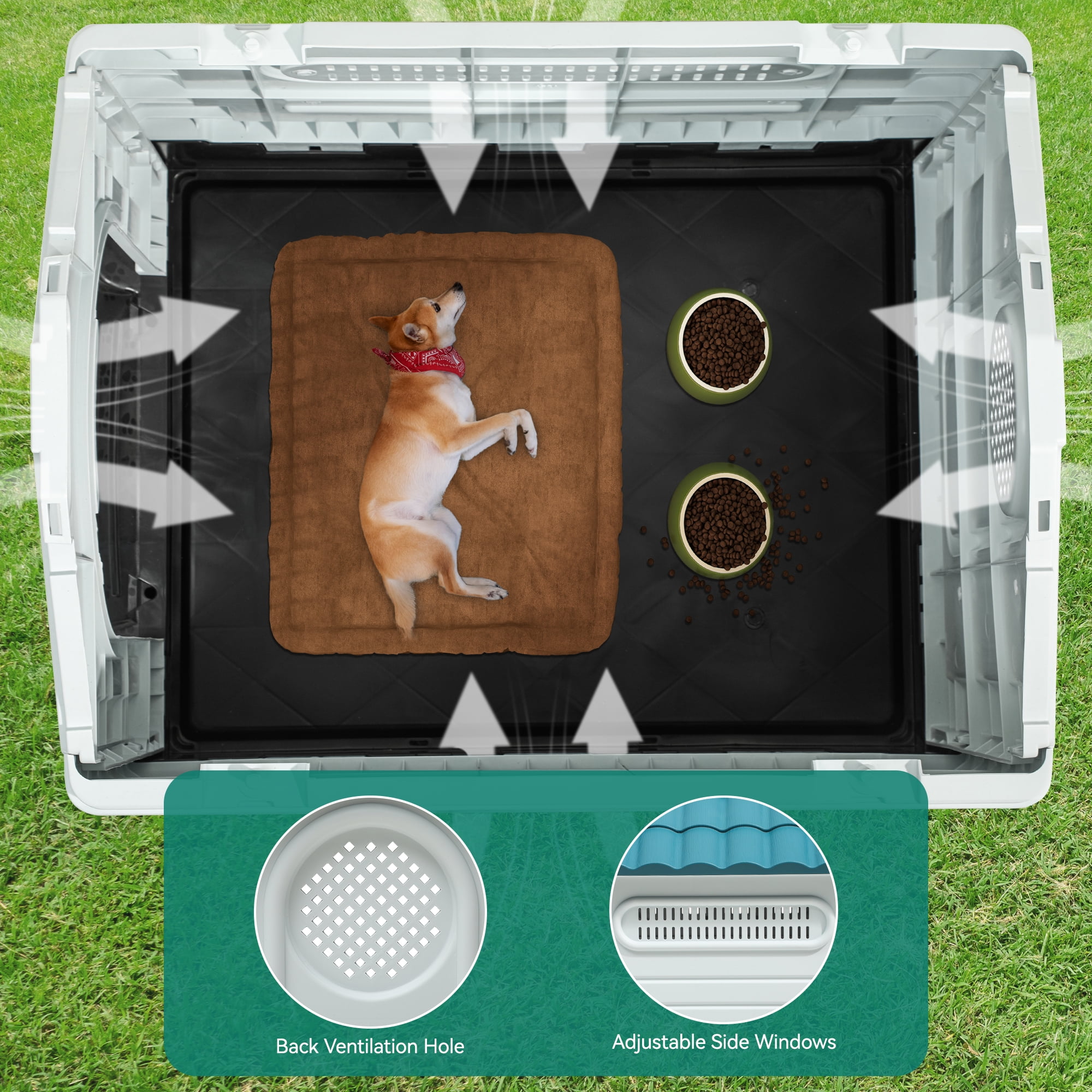 Dextrus Folding Large Dog House Outdoor Plastic Doghouse with Adjustable Skylight and Elevated Base Water Resistant Pet House for Small, Medium, and Large Dogs