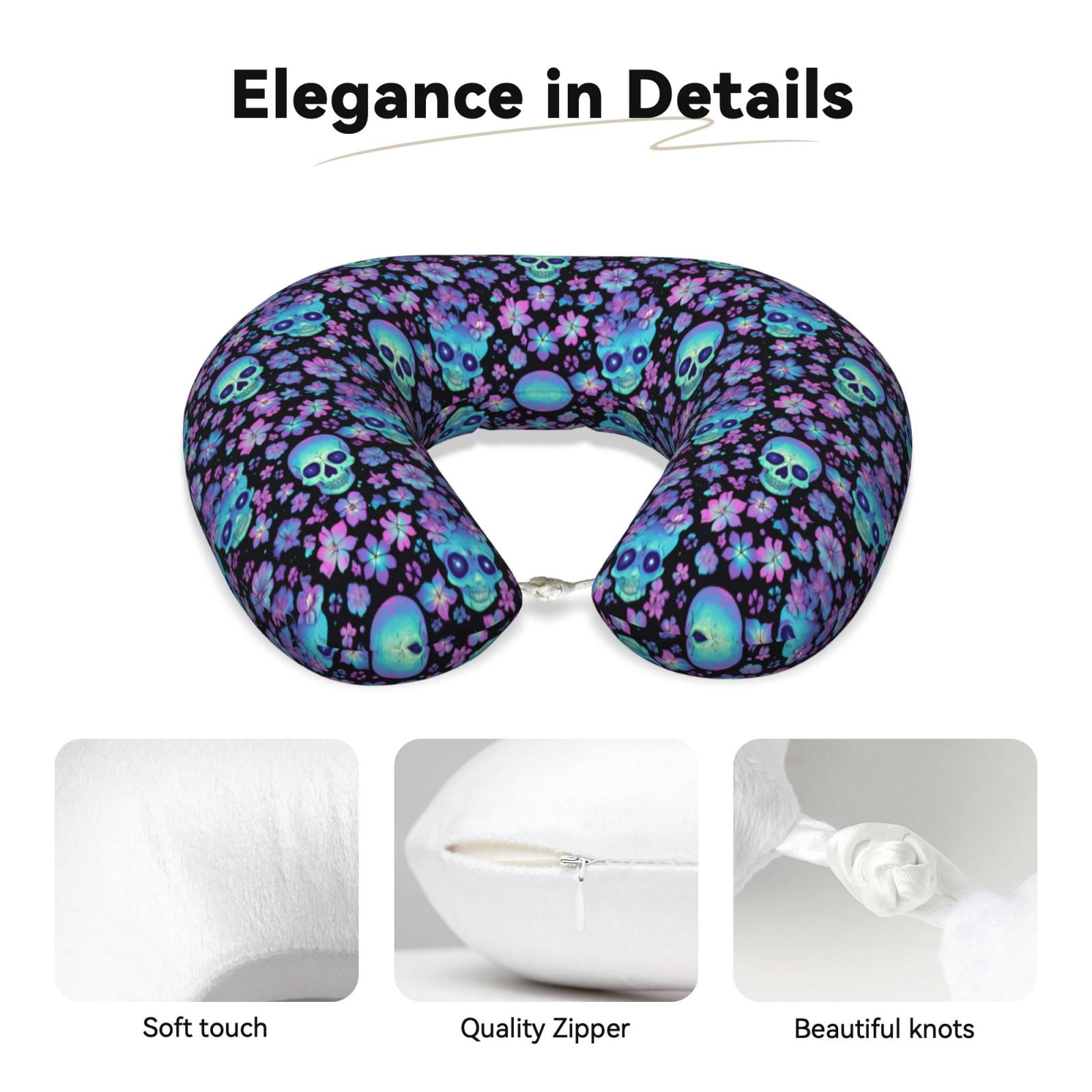Xecao Funny Skull Flower Print Memory Foam Cervical Neck Pillow Versatile U-Shaped Pillows for Home,Office,Camping,Travelling,Soft Washable Cover