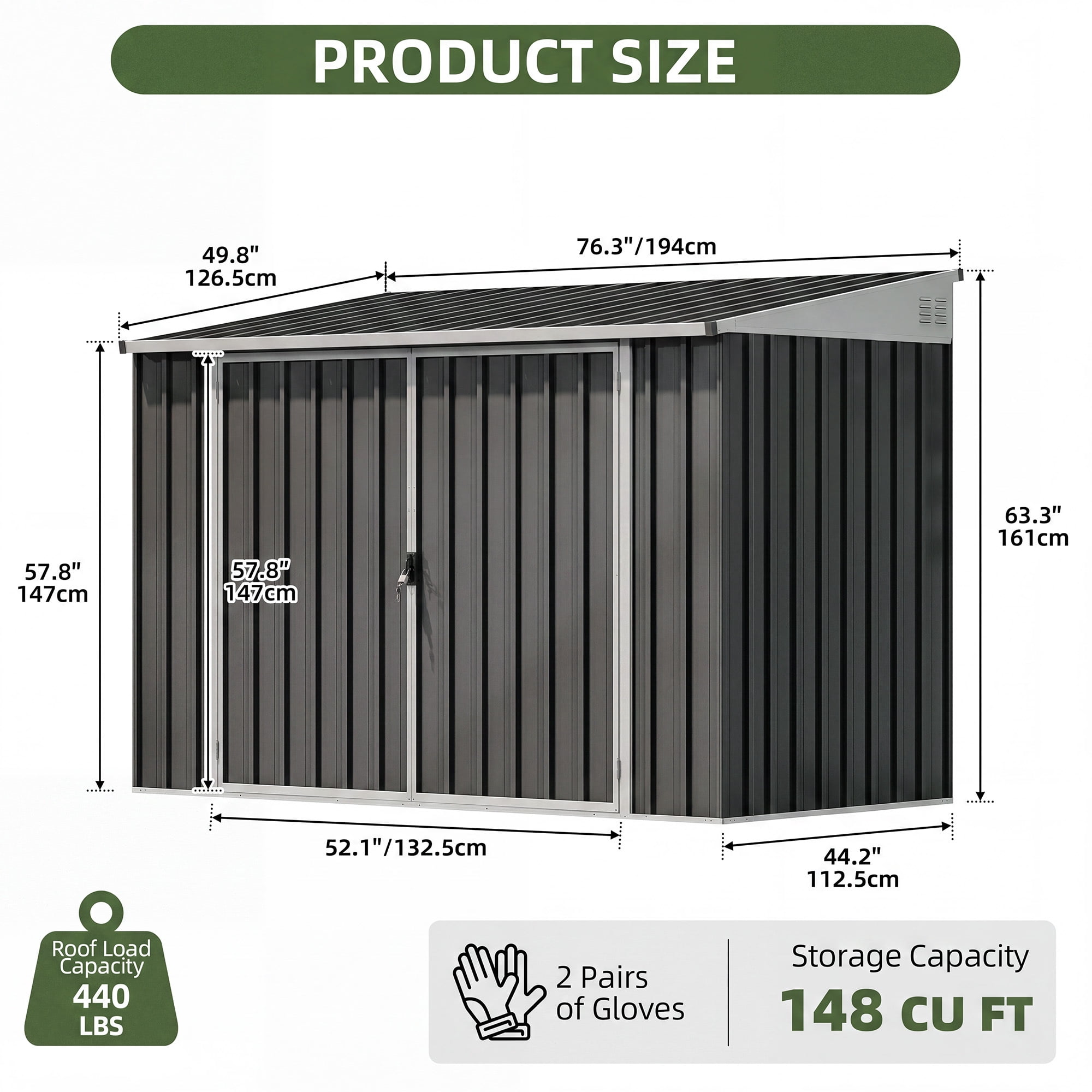 Uforic 7' x 4' Outdoor Weatherproof Storage Shed, Metal Bike Shed with Lockable Doors, Garden Storage for Lawn Equipment, Tools and Trash Cans, Dark Gray