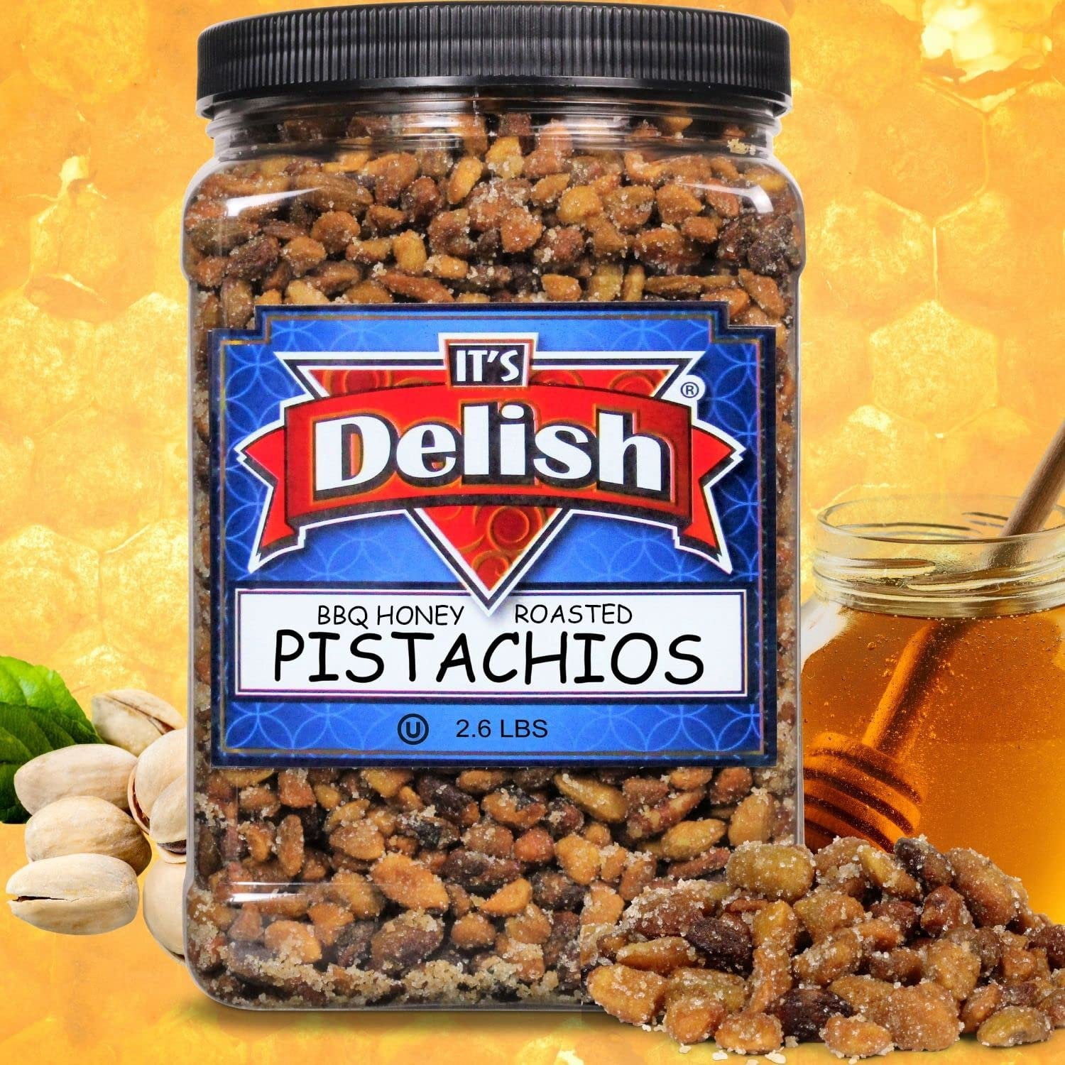 BBQ Honey Roasted Pistachio Shelled, No Shell by It's Delish, 2.6 LBS Reusable Jumbo Container  Gourmet Pistachio Shelled, No Shell in Honey Sugar Coating and Barbecue Seasoning, Sweet &...